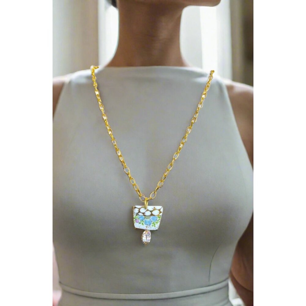 Broken China Pendant Necklace With Gold Tone Chain & Multifaceted Crystal Bead